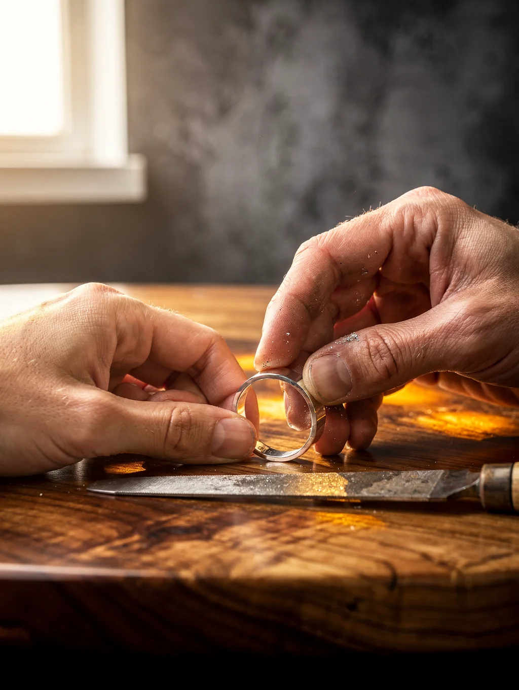 Artisan polishing a delicate silver earring in the LUMI studio